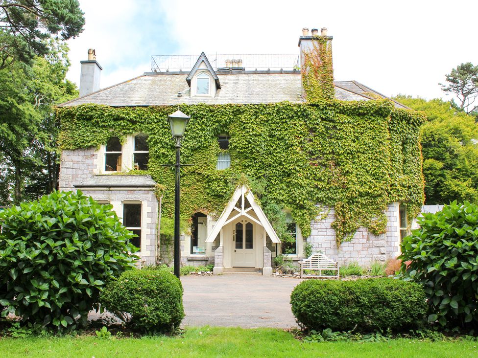 A building covered in ivy with a lamp post and bushes at Farrier Cottage Budock Water near Falmouth