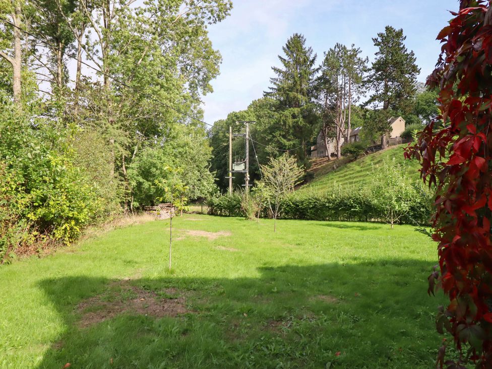 A garden with grass and trees at Dolhiryd in Glyn Ceiriog, near Chirk