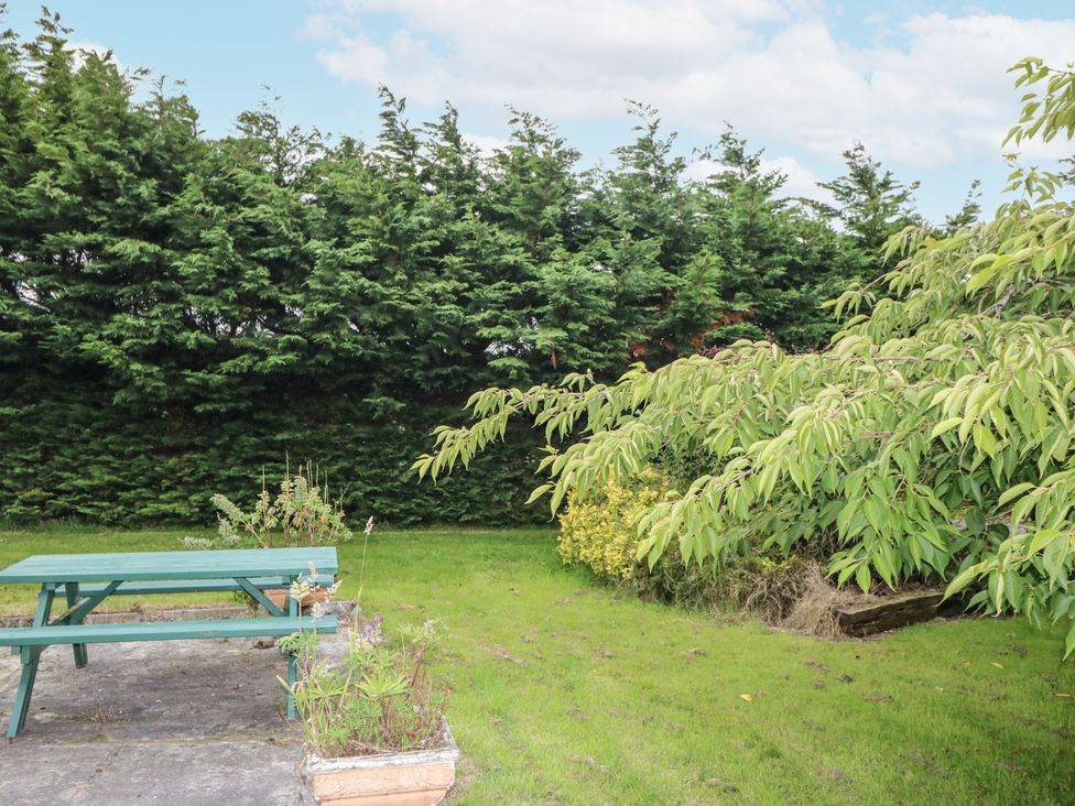 A garden with a table and plants at Lilly's Bungalow in Clonakilty, County Cork