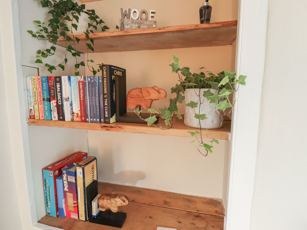 Shelves with books, a plant, and decorative items at Conisholme in North Thoresby