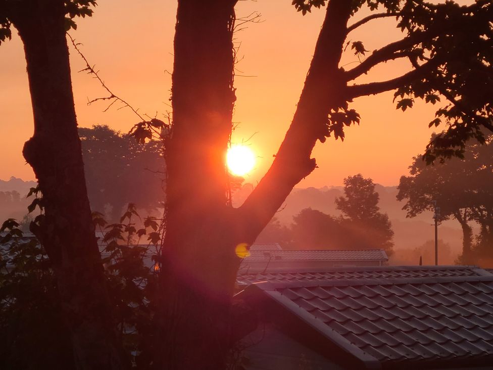 A sunset view with trees and rooftops at The Maples, no. 56 St. Austell