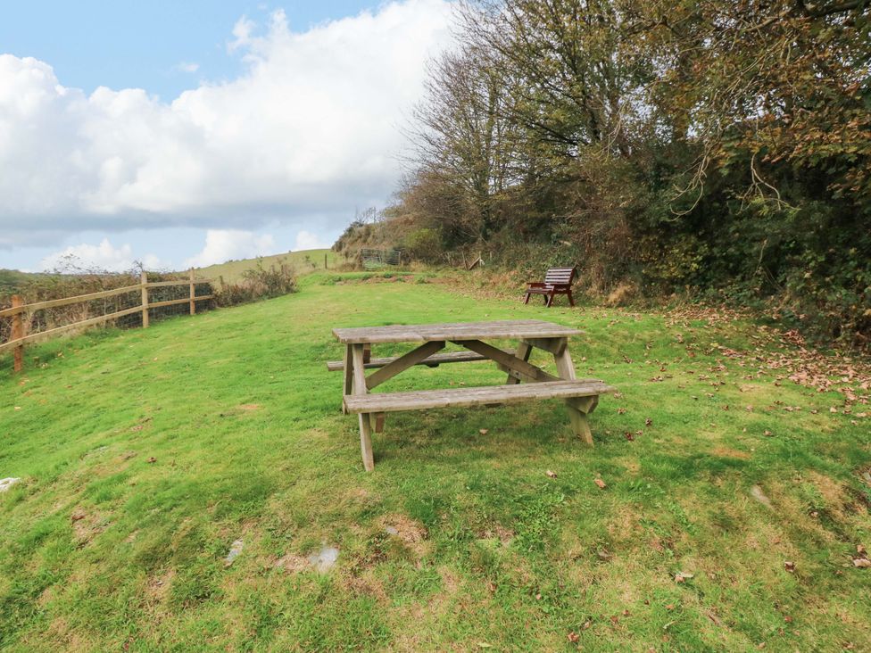 An outdoor area with a picnic table and wooden chair at Pendre Barn in Star near Cenarth