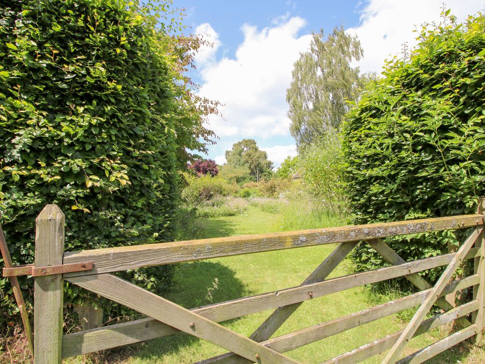 A view through a wooden gate lined with hedges and grass at Uplands House Ledbury