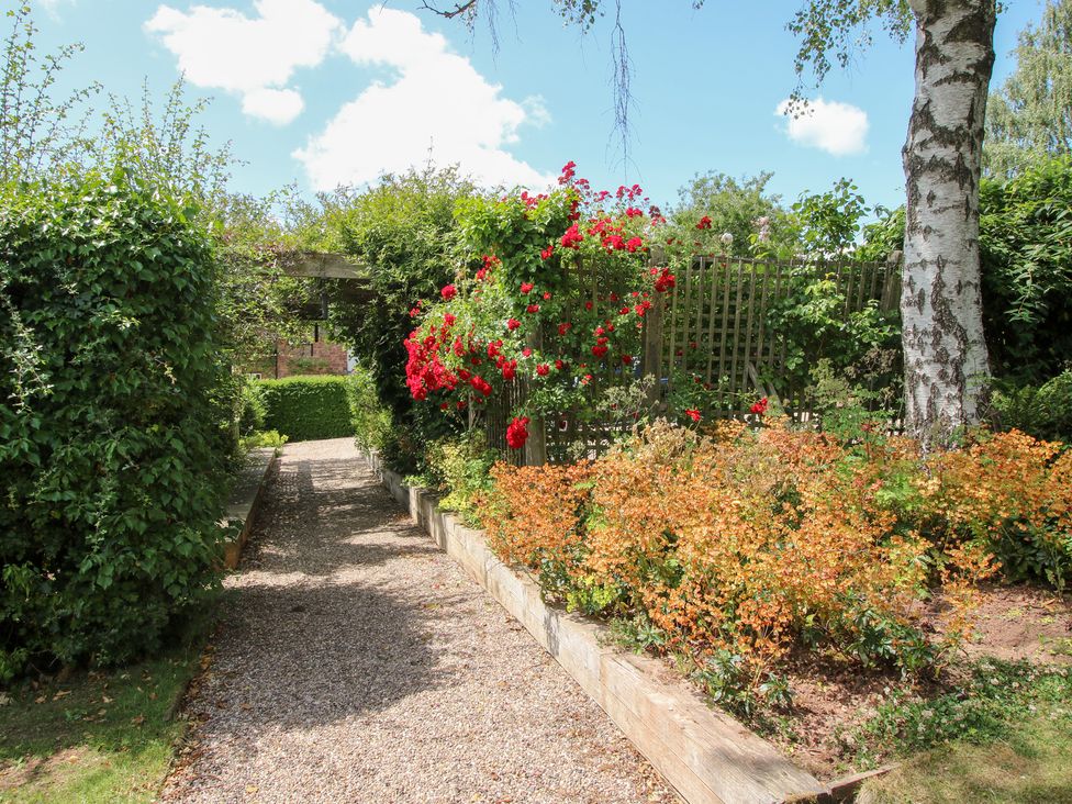 A garden with a pathway surrounded by flowers and greenery at Uplands Cottage Ledbury