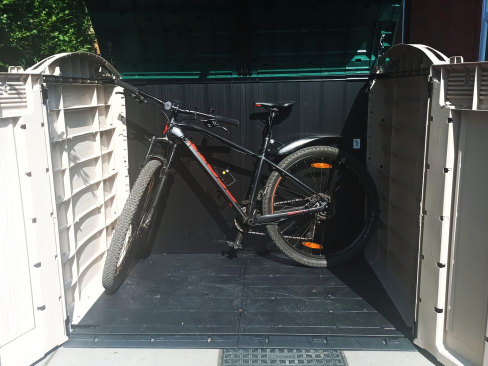 A bike in a garden storage unit at Little Birchinlea Derbyshire