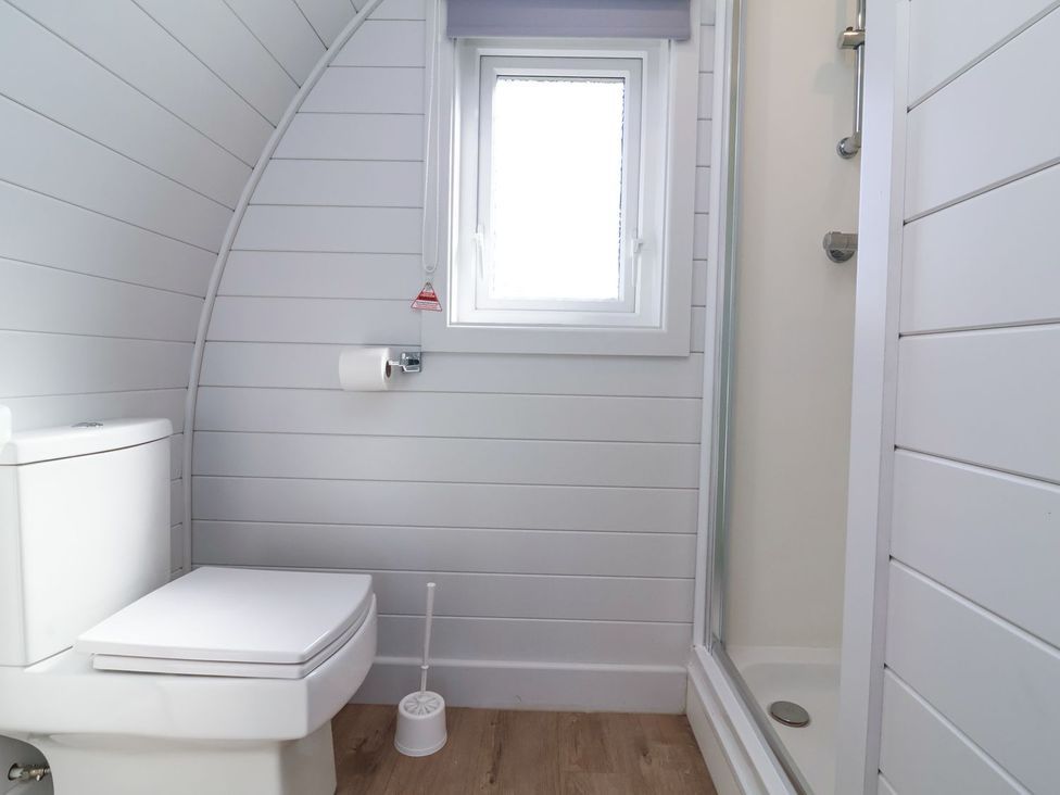 A bathroom with a shower and toilet at New Pod in Kilkhampton