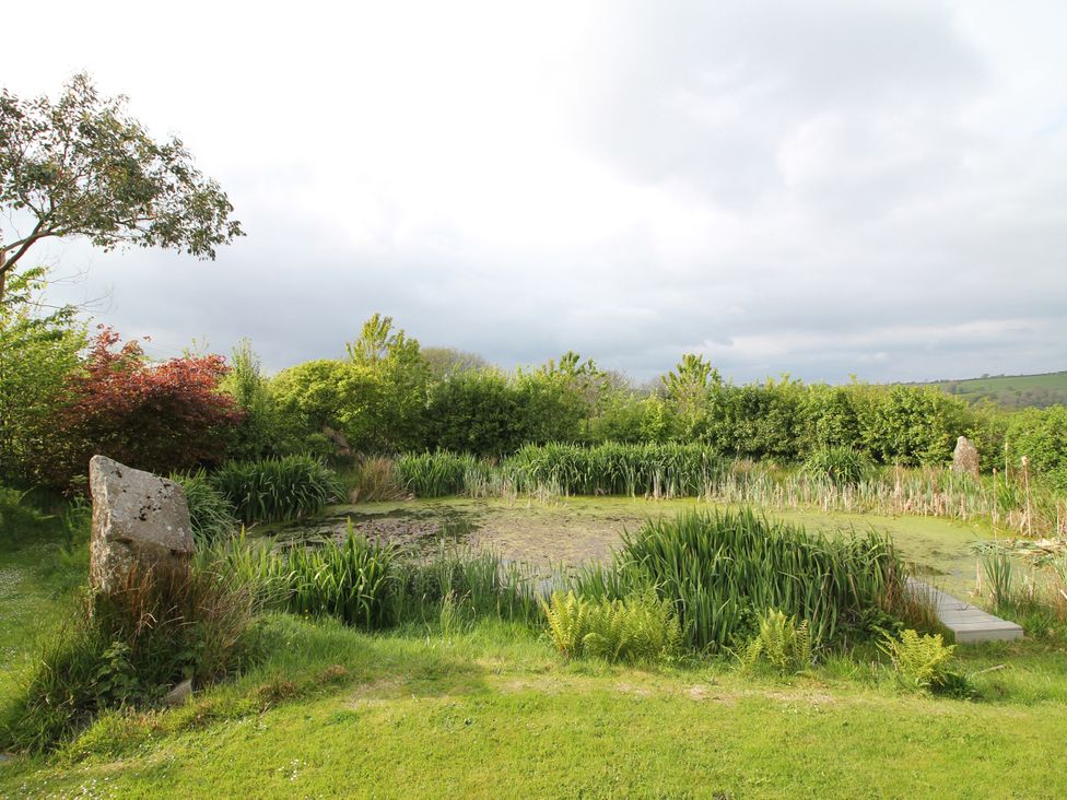 A garden with a pond, shrubs, and grass at The Dovecote in Fishguard