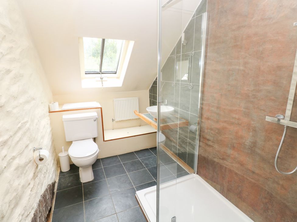 A bathroom with a toilet, sink, and shower at The Dovecote in Llanychaer near Fishguard
