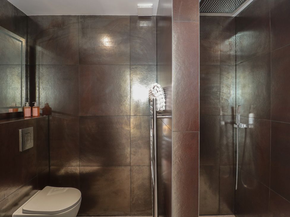 A bathroom with a toilet and shower at Noflash Malpal in Bishop Sutton