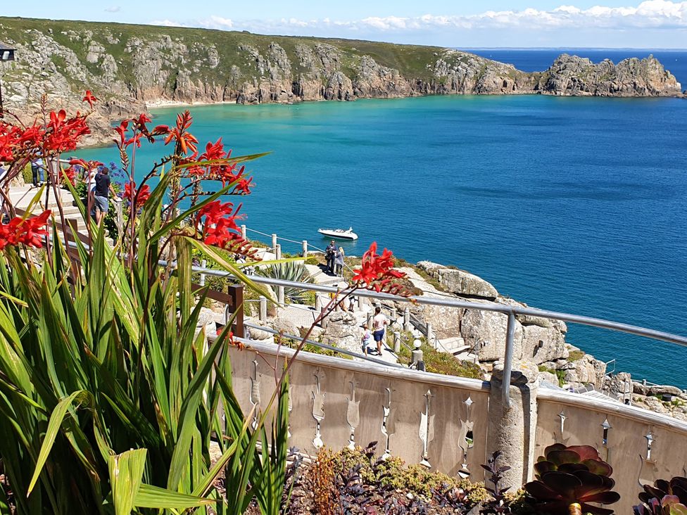 A view of the sea with cliffs and flowers at Tater-Du Porthcurno near Land’s End