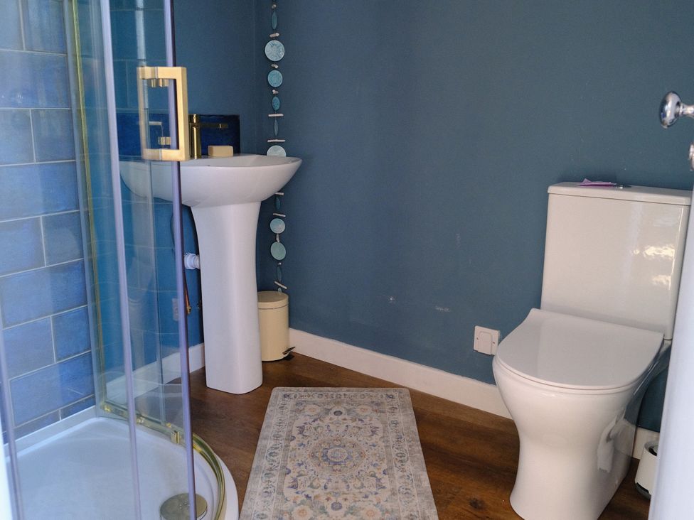 A bathroom with a shower, sink, and toilet at Sunnybrae Cottage in Tintagel