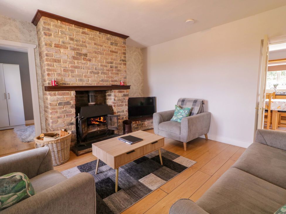 A living room with a fireplace and television at Molly's Cottage in Enniskillen
