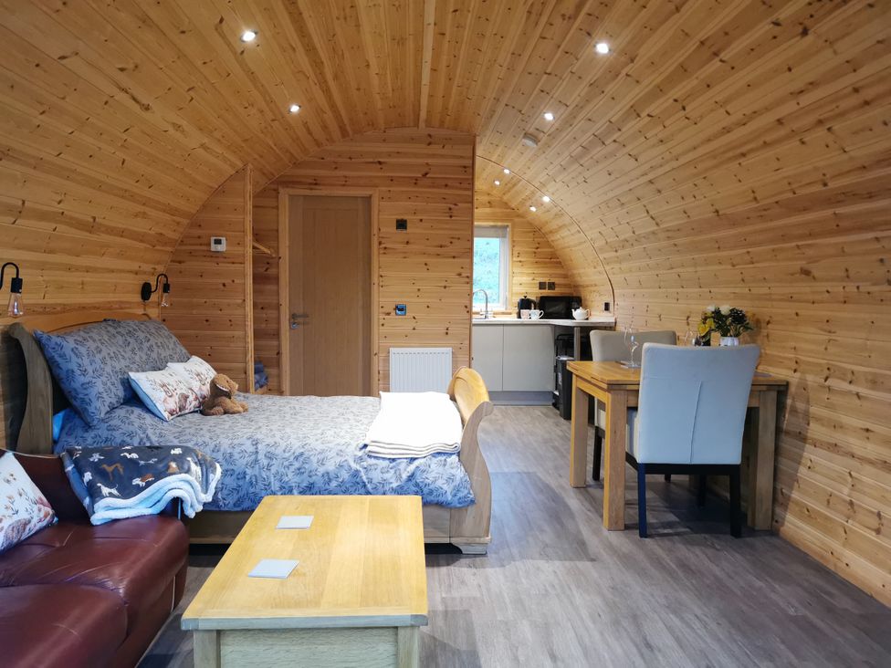 A living room with a bed and kitchen area at Lodge 1 in Pontyates