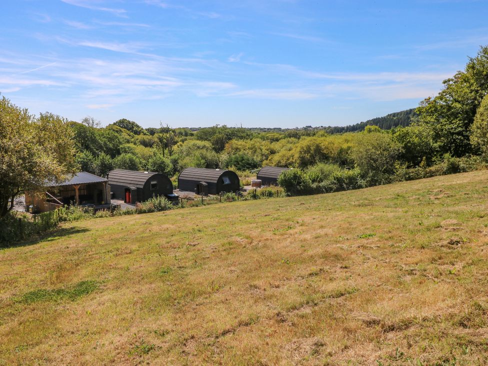An outdoor area with grass and cabins at Thelma’s Lodge near Pontyates
