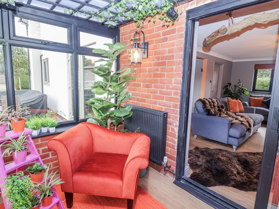 A conservatory with a chair and plants at Holly Farm in Brantham
