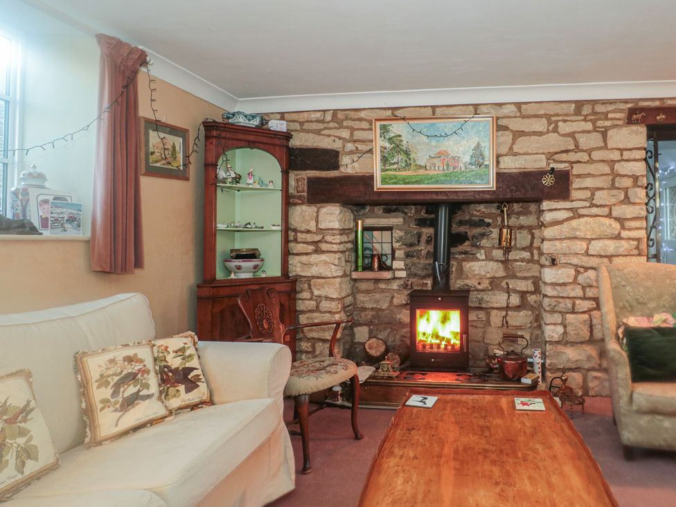 A living room with a wood stove and a display cabinet at Vine Cottage in Alderton