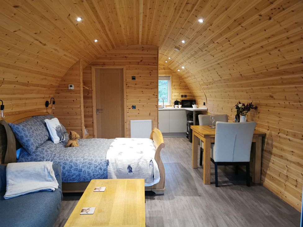 A living area with a bed, sofa, table, and kitchen at Lodge 3 Pontyates