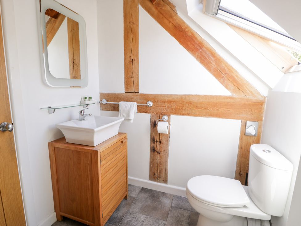 A bathroom with a sink and toilet at Owl Cottage in Llangollen