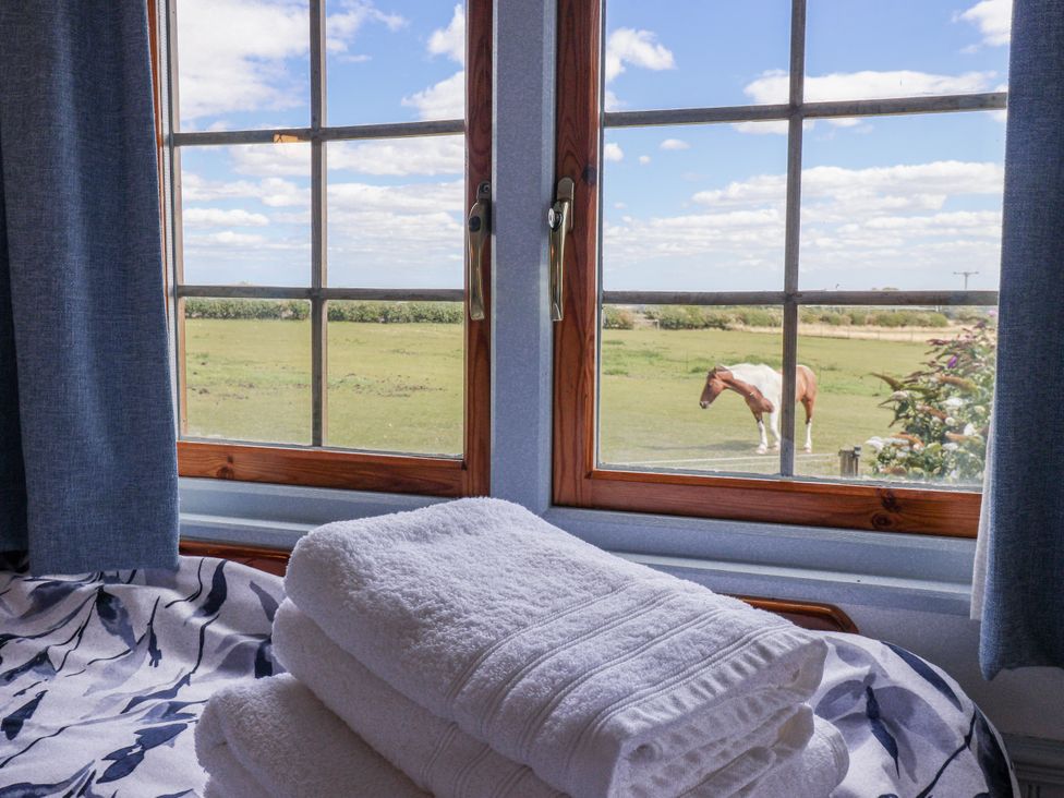 A bedroom with towels on a bed and a view of a horse outside at Wolds Hoot in Market Weighton