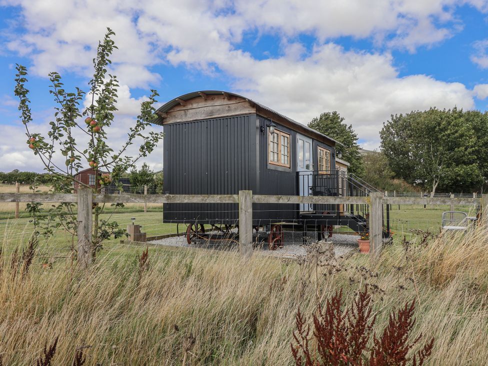 A shepherd's hut with steps in an outdoor area at Wolds Hoot in Market Weighton