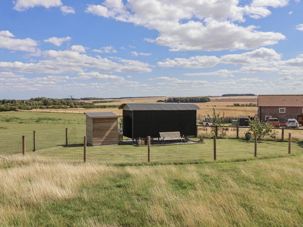 An outdoor area with a black shed and wooden shed at Wolds Hoot in Market Weighton