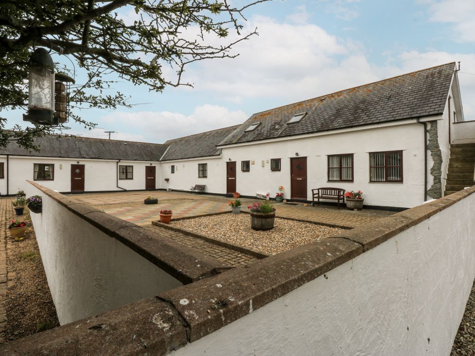 An outdoor courtyard with a bench and planters at Florence Cottage in Holyhead