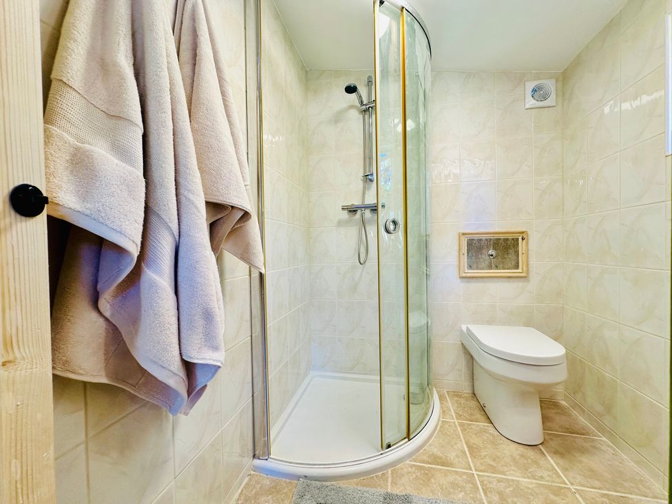 A bathroom with a shower and toilet at Harvey's Lodge in Helston