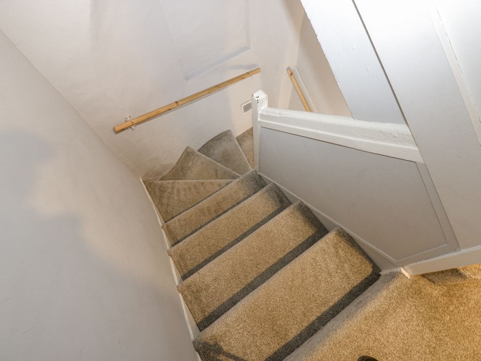 A staircase with carpet and a handrail at Lowther House in Whitehaven