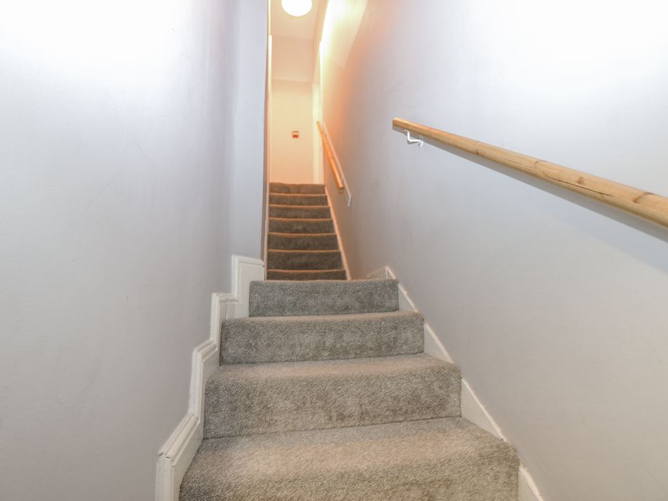 A staircase with carpet and a handrail at Lowther House in Whitehaven