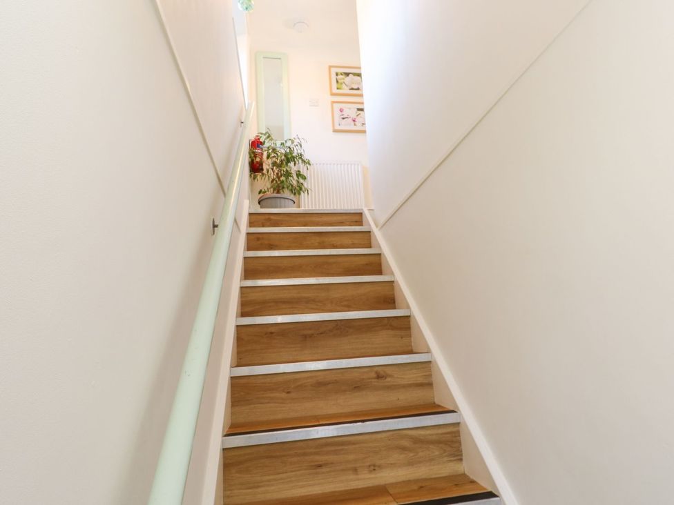 A staircase leading up with a plant at Five Elements Barn in Truro