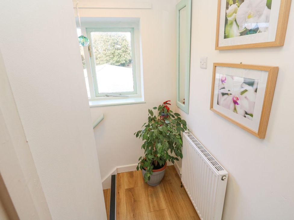 A hallway with a plant and framed pictures at Five Elements Barn in Truro