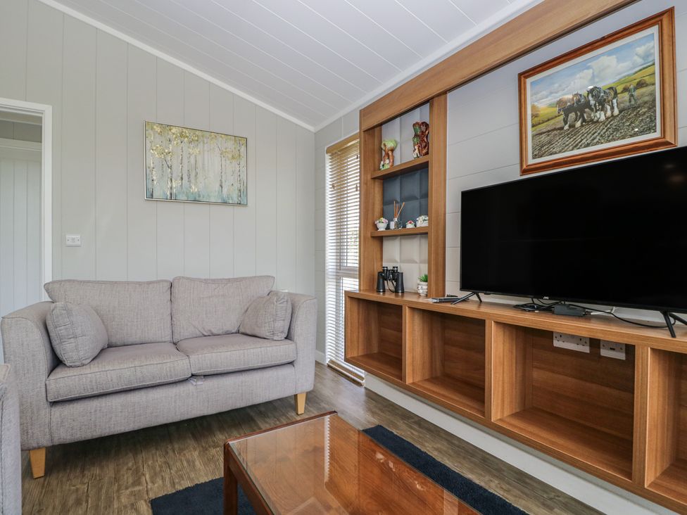 A living room with a sofa and TV at Whitey Top Country Lodge in Pentridge near Sixpenny Handley