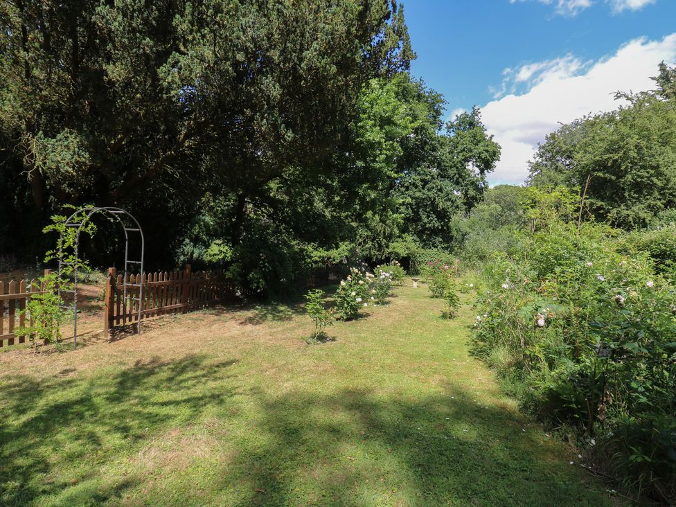 A garden with an archway and rose bushes at Curry Farm