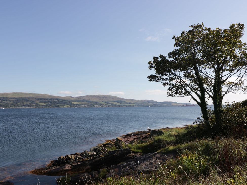 A view of a shoreline with water, rocks, grass, and a tree at 6 George Street Isle of Cumbrae