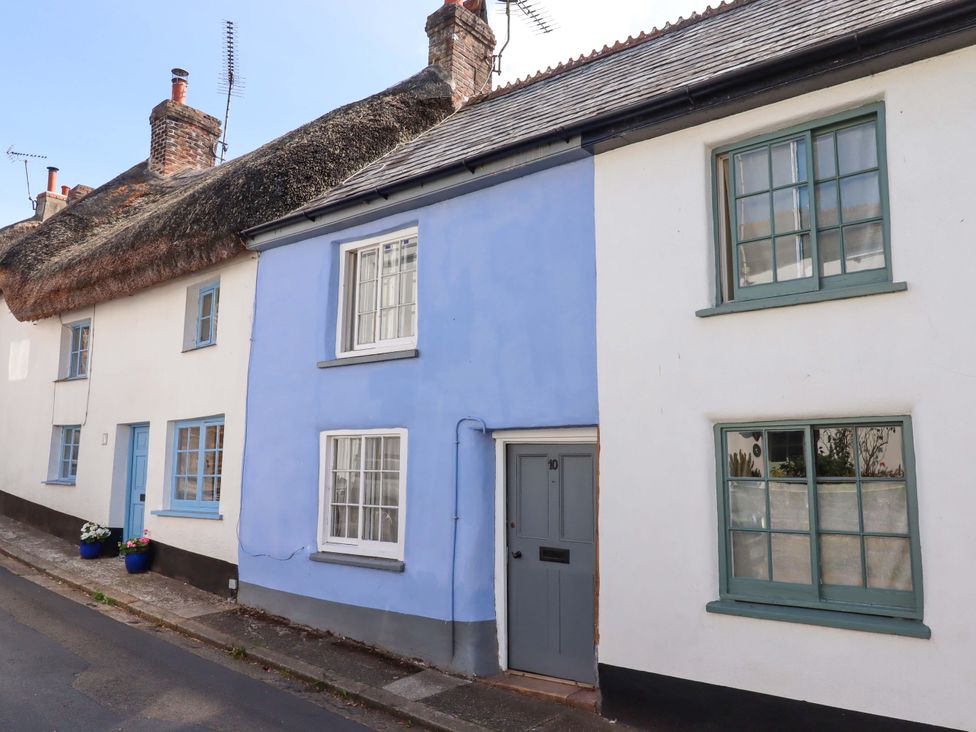 A blue and white house with a thatched roof at Carpenters Cottage Okehampton