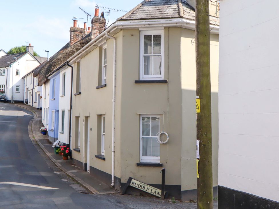 A street view of houses and flower pots at Carpenters Cottage in Okehampton