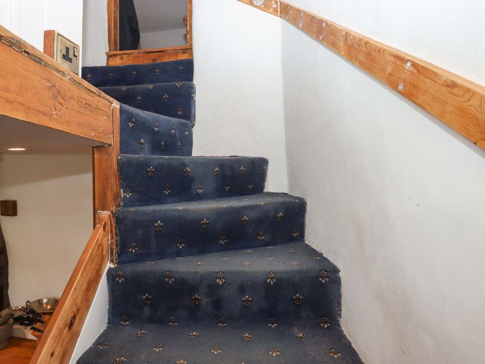 A staircase with blue carpet and wooden handrail at Carpenters Cottage Okehampton