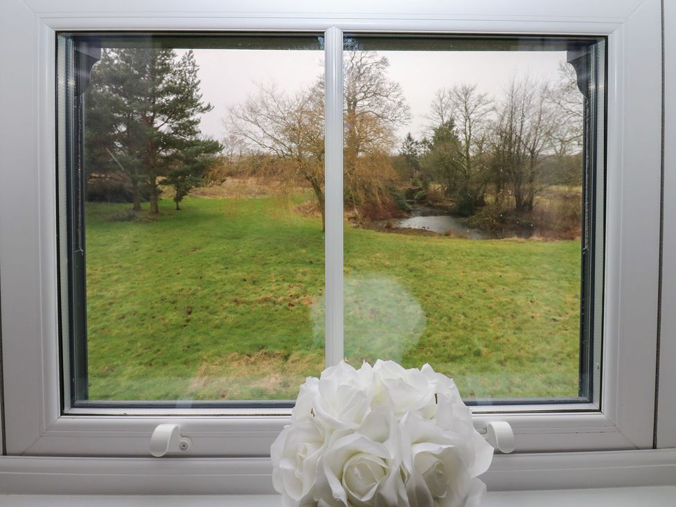 A view from a window showing grass, trees, flowers and a stream at Hollymoor Hall Farm Richmond