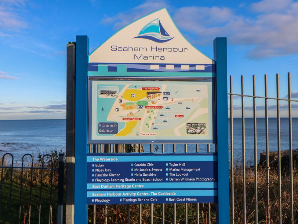 A sign displaying a map and information about Seaham Harbour Marina in Seaham