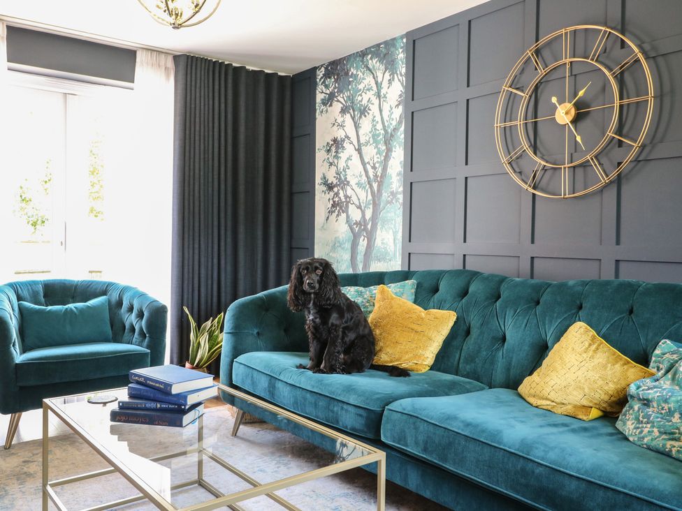 A living room with a blue sofa and dog at 7 Yarnfield Parkway