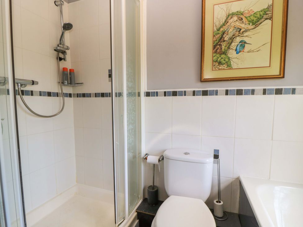 A bathroom with a shower and toilet at The White House in Piddletrenthide