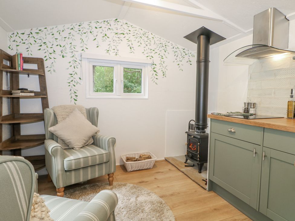 A living room with a chair and stove at Charltons Hollow Cabin in Haywards Heath