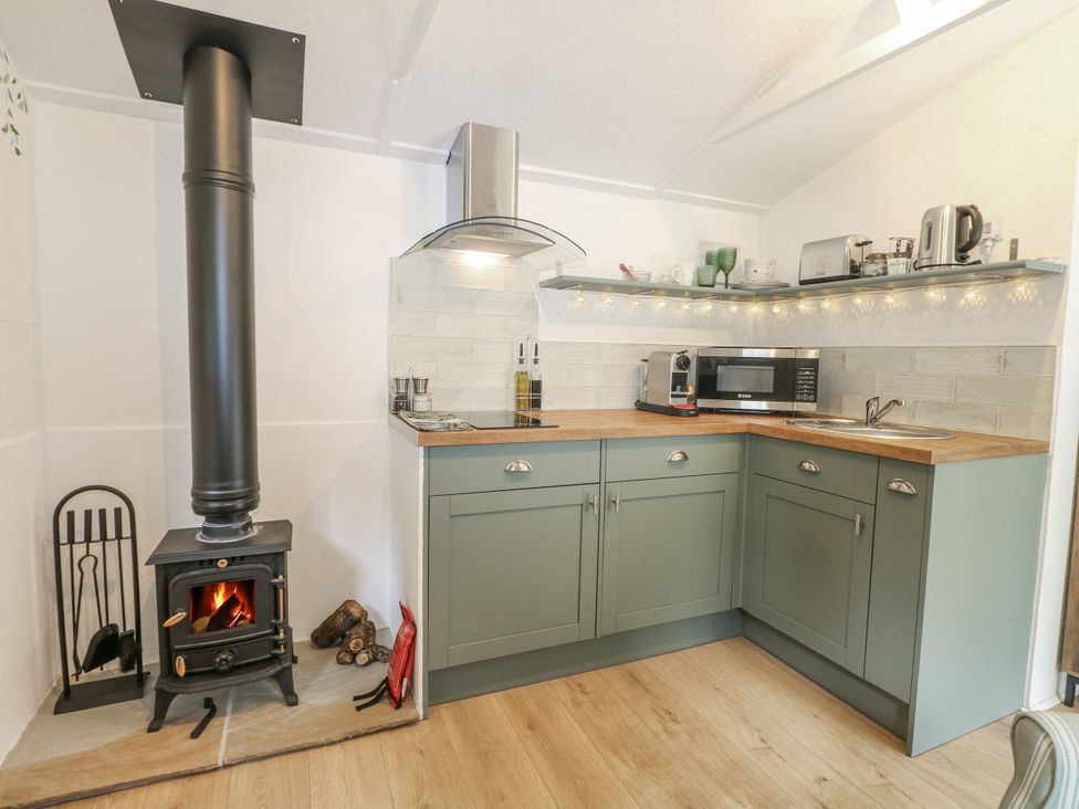 A kitchen with a wood stove and various appliances at Charltons Hollow Cabin Haywards Heath