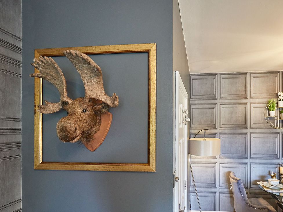 A moose head mounted on a wall with a frame in Apartment 2 Whitby
