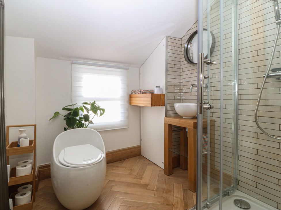 A bathroom with a shower and a toilet at Ty Gelert in Conwy
