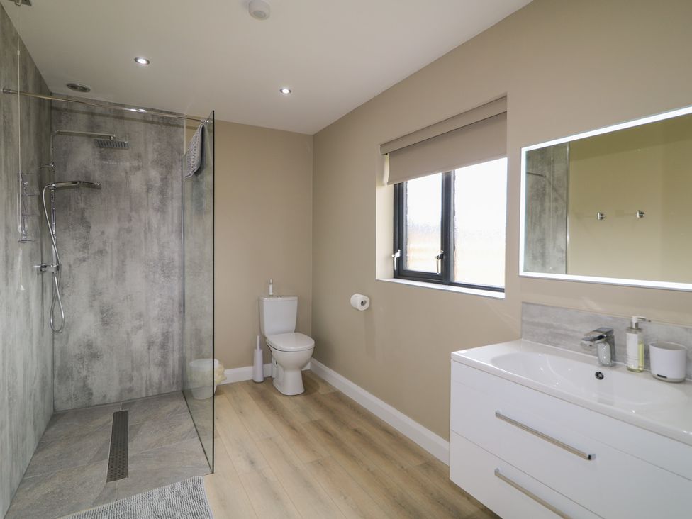 A bathroom with a shower, toilet, and washbasin at Clarmes House in Limavady