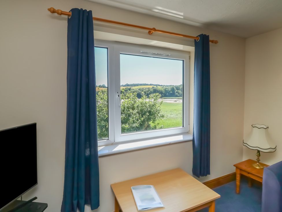 A living room with a window and television at Teal in Newton Abbot