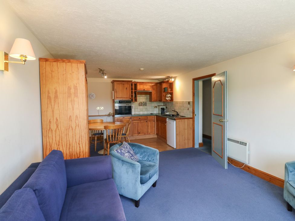 A living room with a sofa and kitchen area at Swift in Newton Abbot