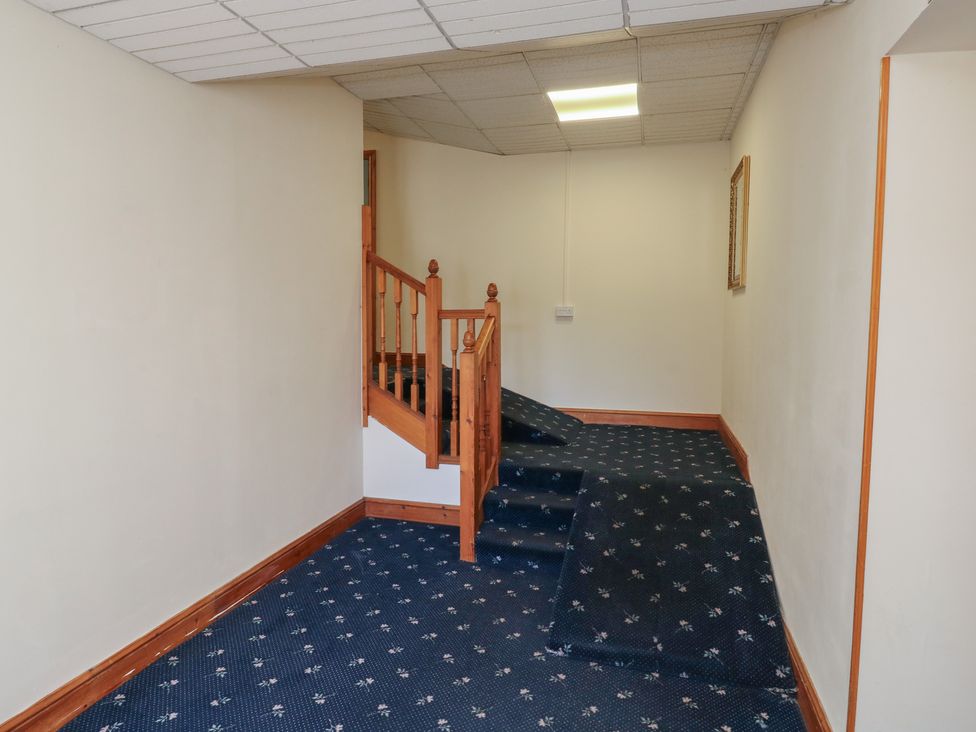 A hallway with a staircase and carpet at Swift in Newton Abbot