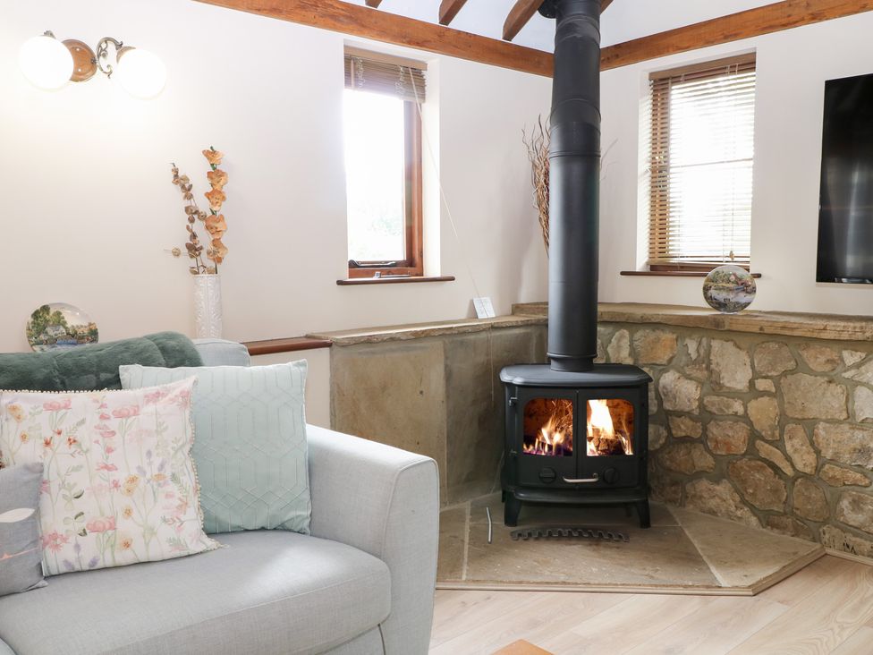A living room with a stove and sofa at WEST LODGE in Ashford